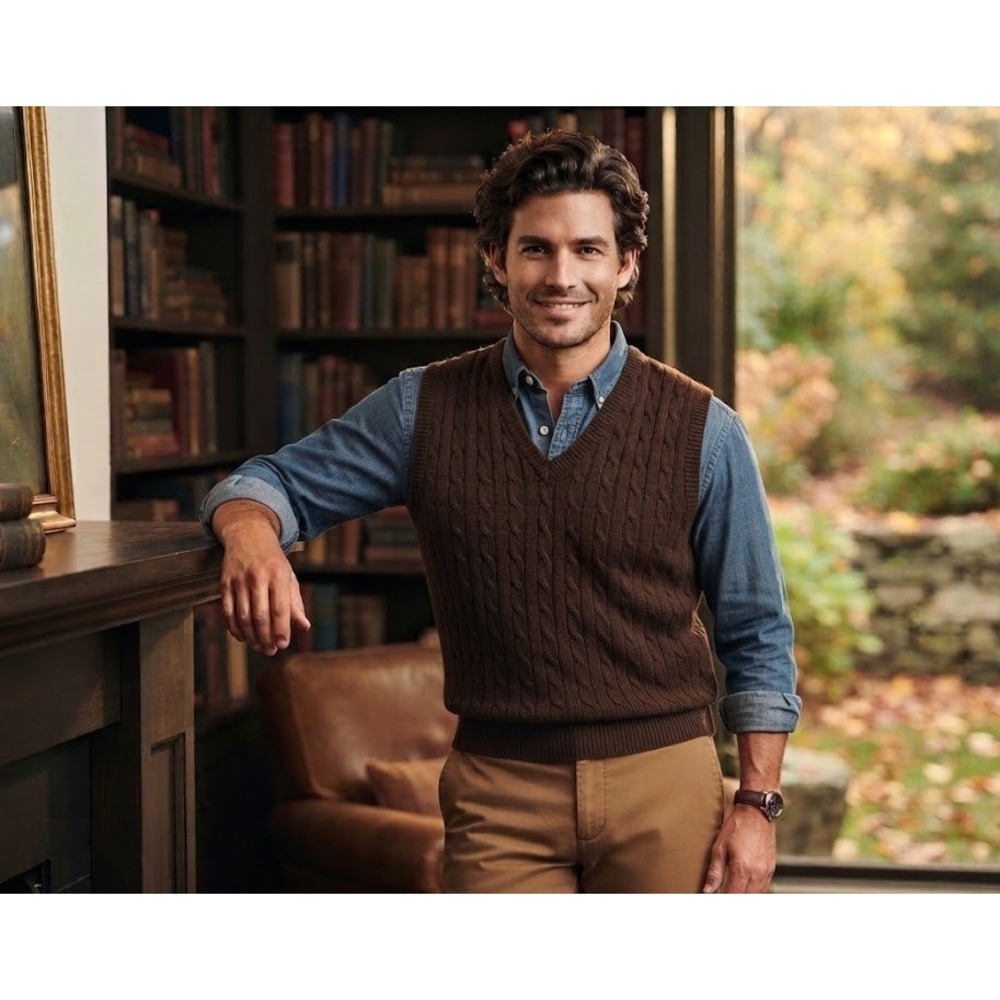 Vintage Christopher Rand Mens Large Brown Cable Knit V-Neck Sweater Vest Preppy